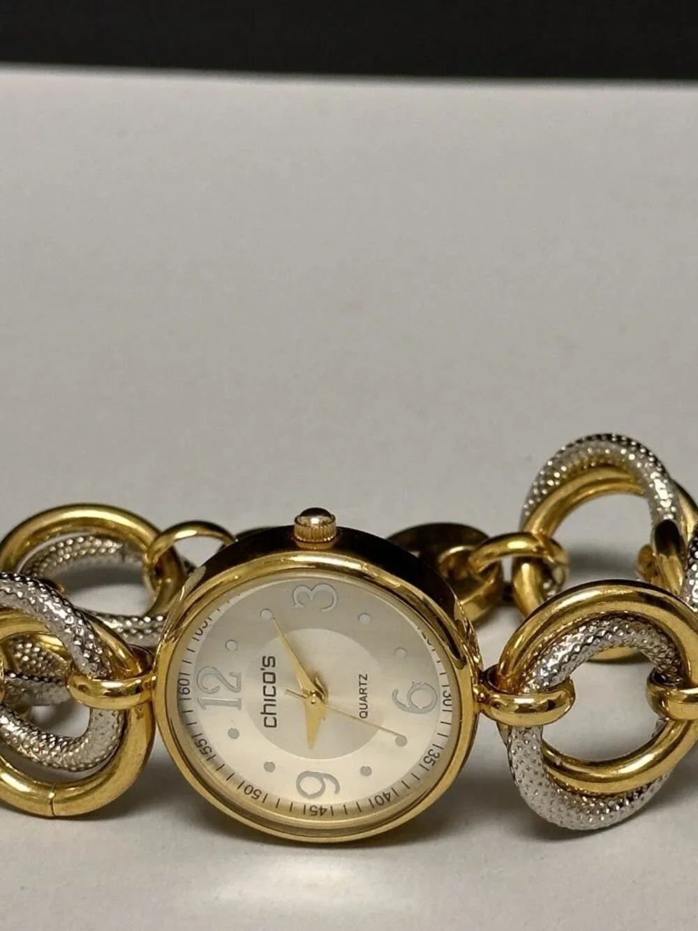 Chico's Watch Women Silver Gold Two Tone Round Link Band New Battery 7